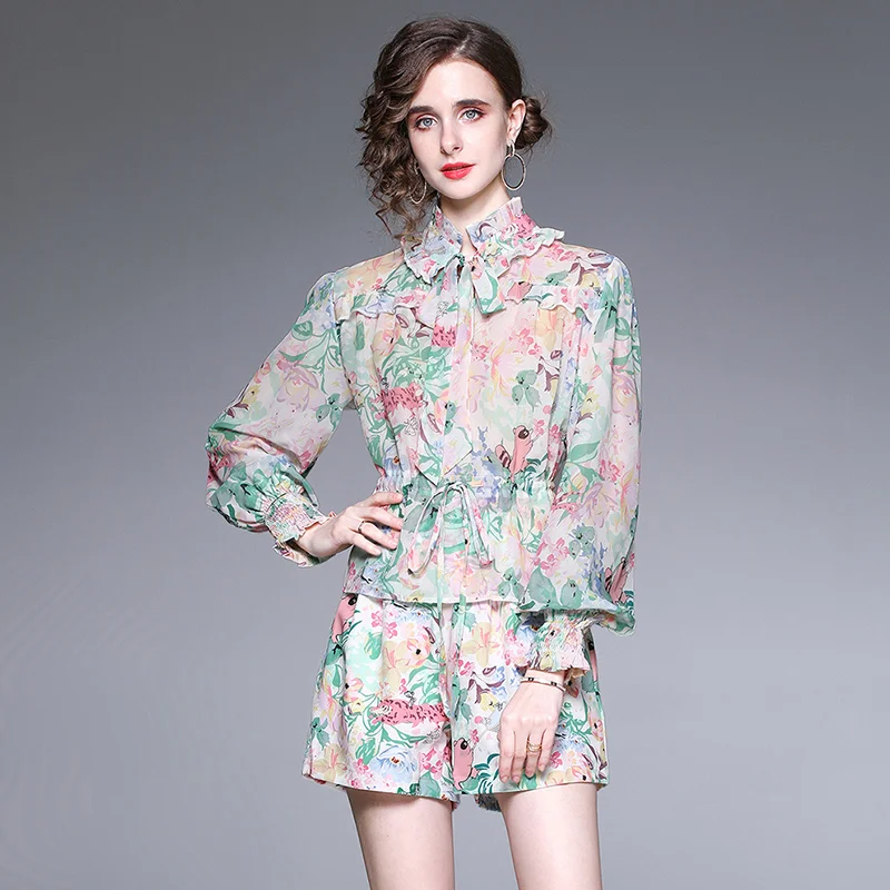 

Elegant Flower Print Pant Set Women Puff Sleeve Hollow Out Ruffles Shirt Top+Wide Leg Shorts Summer Two Piece Outfit