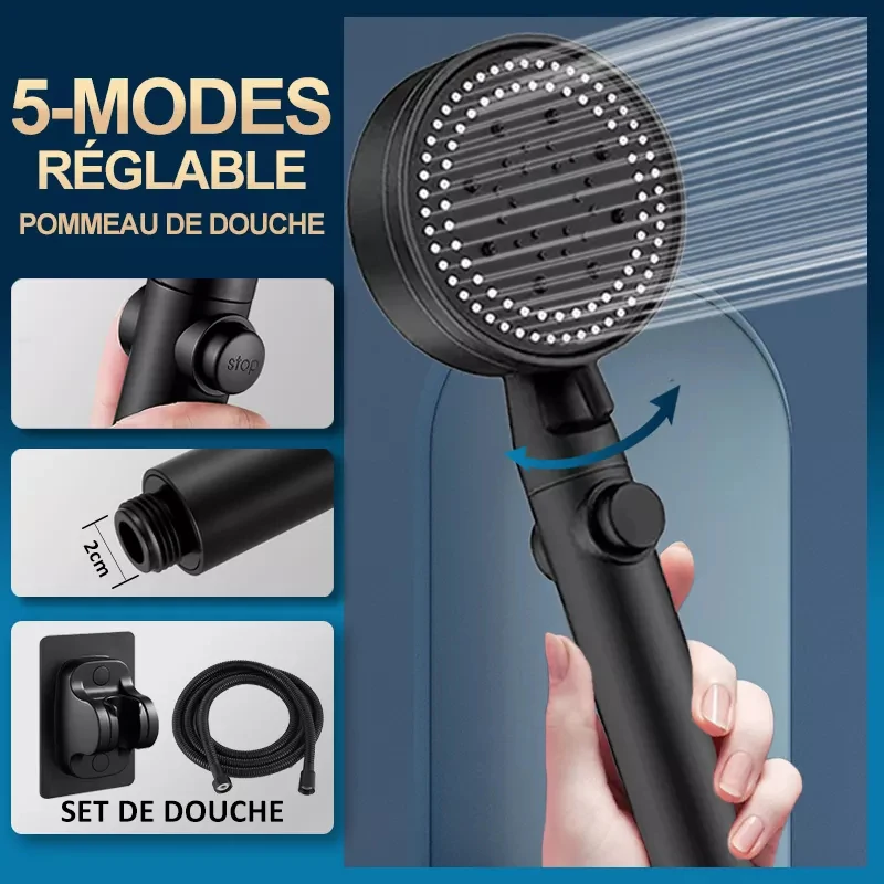 

Shower Head Water Saving Black 5 Mode Adjustable High Pressure Shower One-key Stop Water Massage Eco Shower Bathroom Accessories