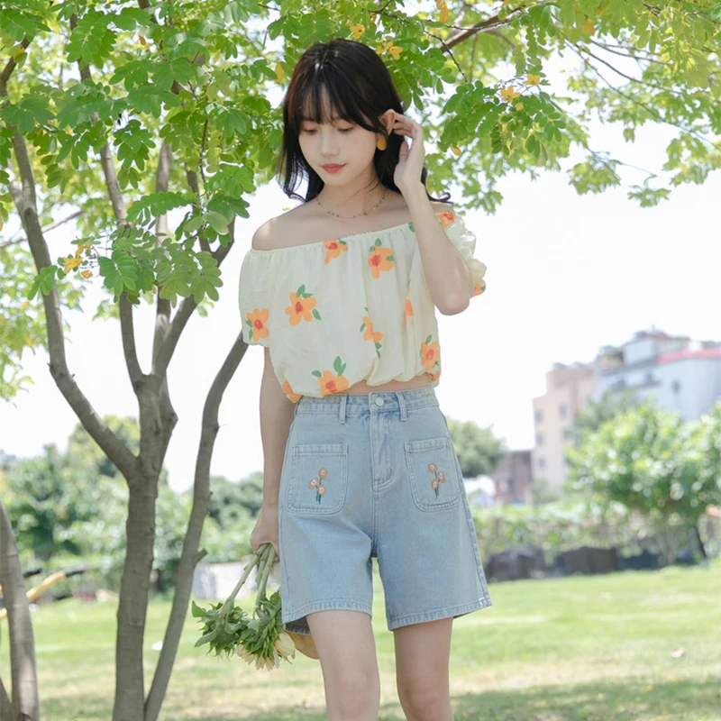 

Bebobsons New Washed Denim High Waist Denim Shorts Women's Pocket Embroidered Blue Mid Pants Szorty Damskie