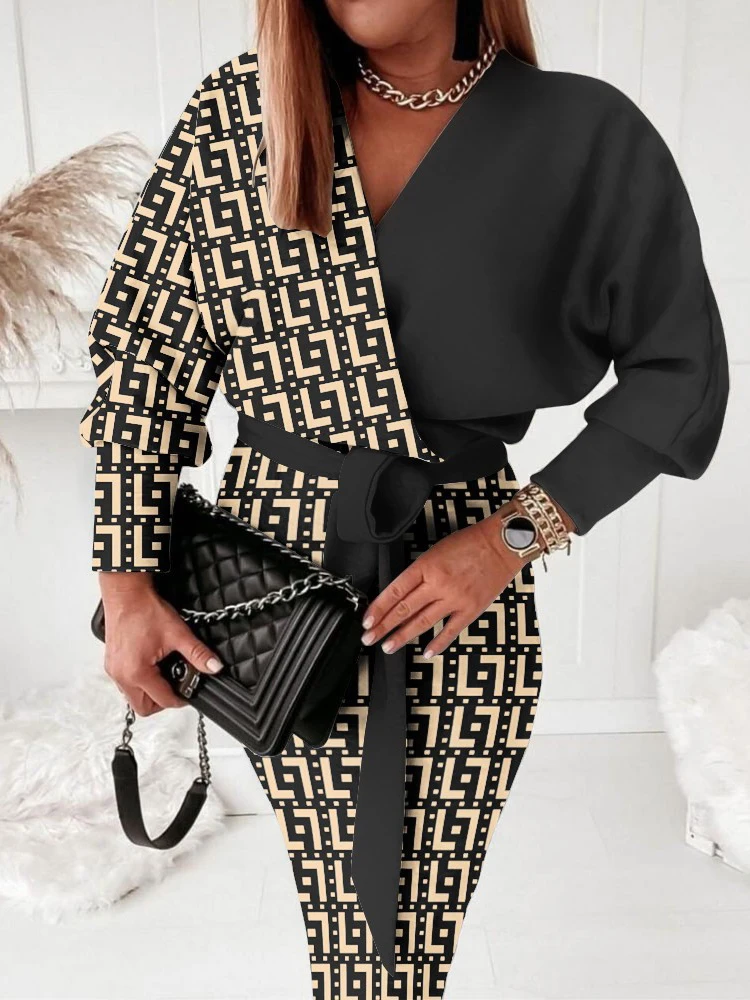 

Women's Fashion Printed Flat Cloth Deep V Neck Long Sleeve Dresses Sexy Slim Package Hips Lace Up Ladies Office Dresses 2022