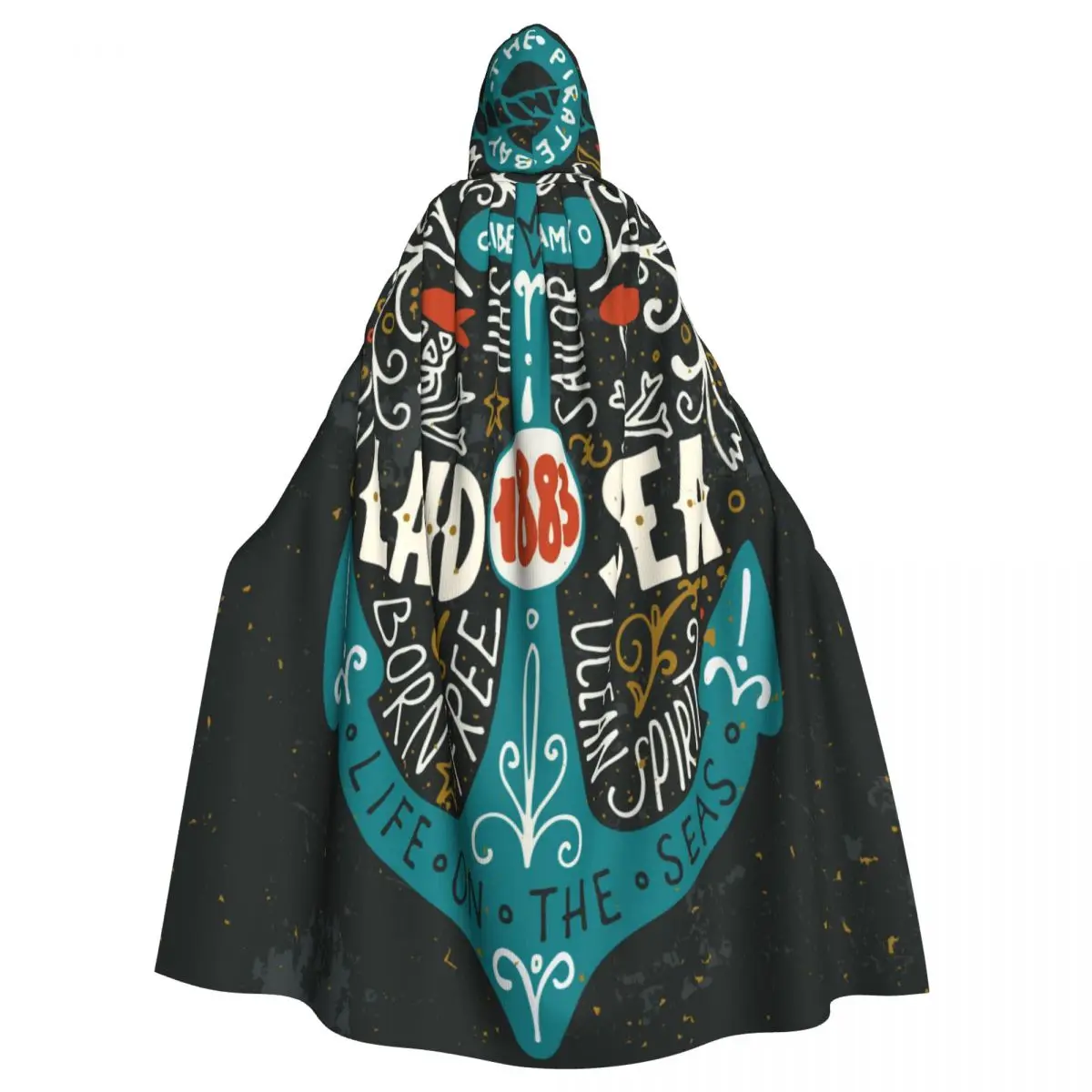 

Unisex Adult Nautical Vintage Label With Anchor Pirate Skulls Lettering And Floral Cloak with Hood Long Witch Costume Cosplay