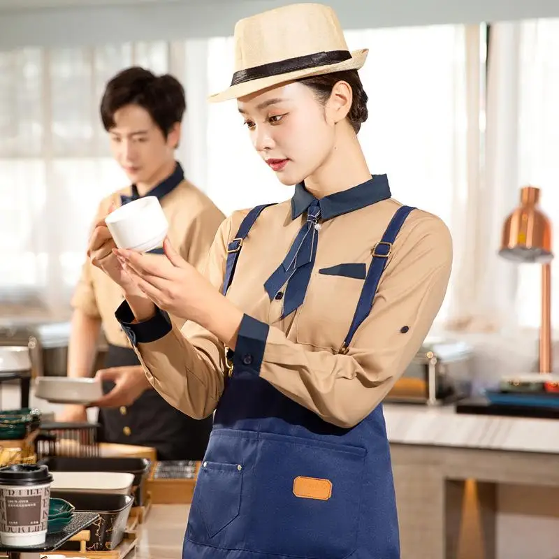 

1 шт. рабочая одежда для ресторана, пекарни, топ, Осень-зима, Униформа с длинным рукавом для официанта из кофейни, мужские и женские рубашки