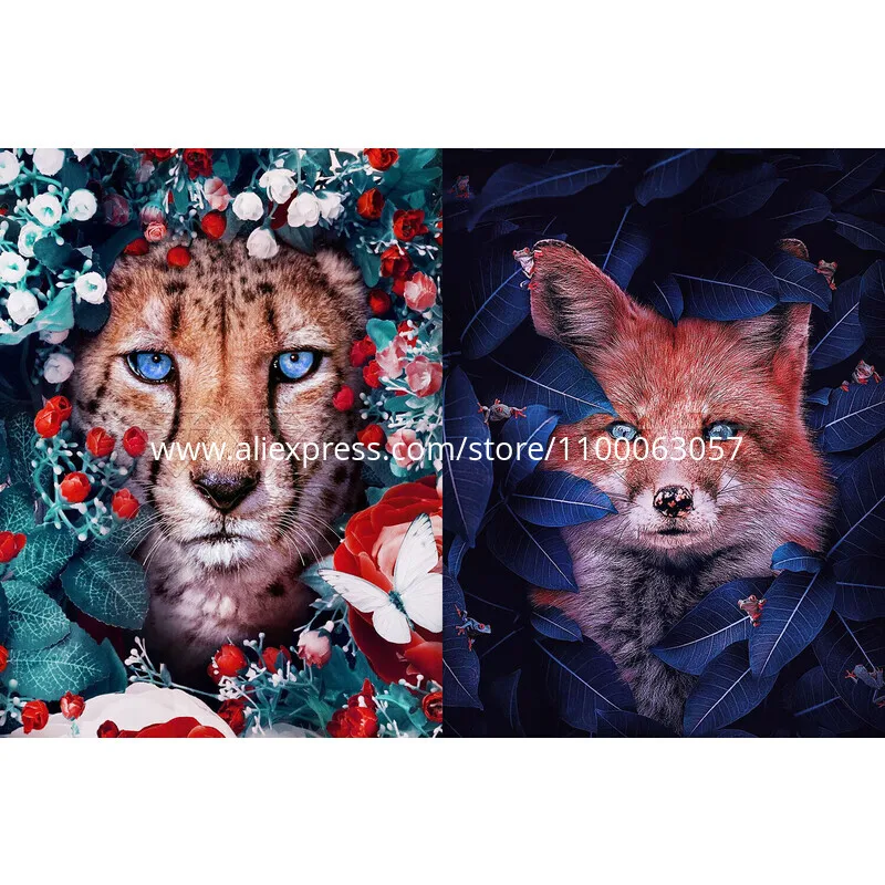 

ROAMILY,Diamond Painting Flower Animals Lion Fox Cat Horse Tiger Flamingo Raccoon,Animal,DIY Full Round Diamond Embroidery