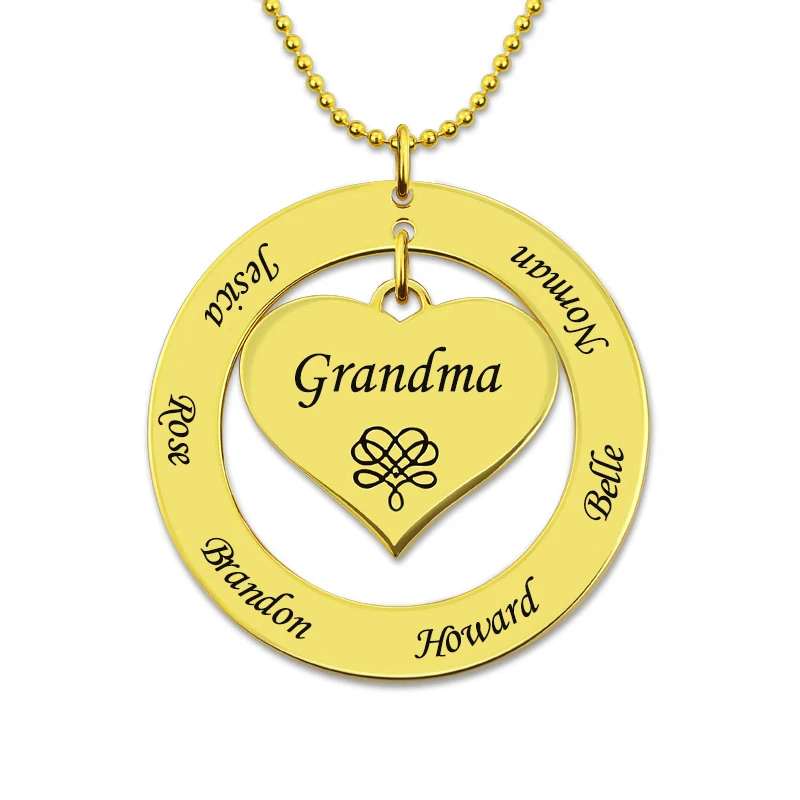 

Custom Family Name Engraved Love Heart Necklace Letters Necklaces Engraving Chain Circle Pendant for Grandma Grandmother Abuela