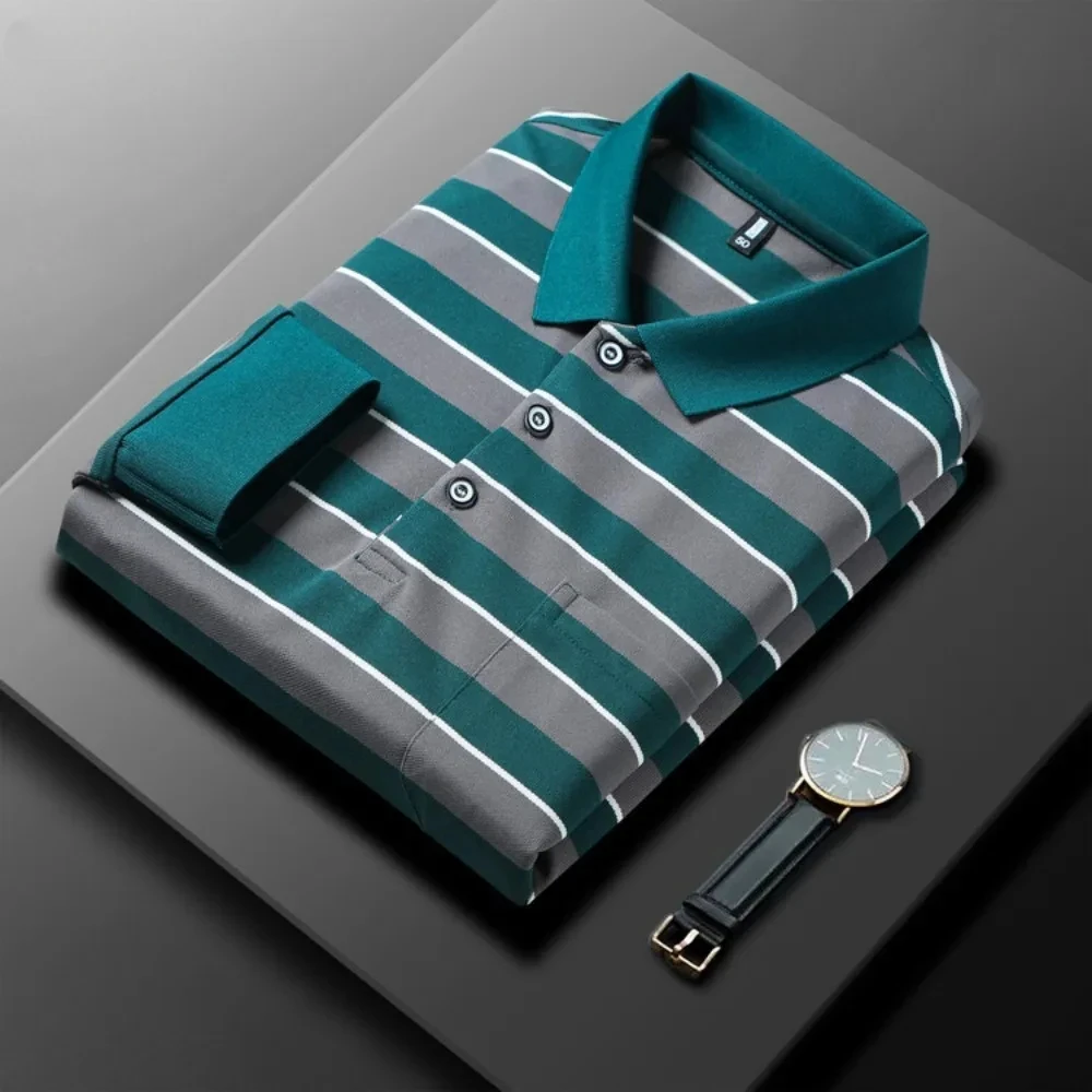 Mens Casual Tee Long Sleeve Striped Sweatershirt Man Clothes Pullover Lapel Polo Tops |