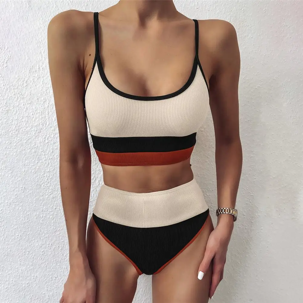 

2Pcs/Set Swimming Suit Triangle Bottoms Two Piece Padded Bra Briefs Splicing Color Bathing Swimwear Set for Hawaii