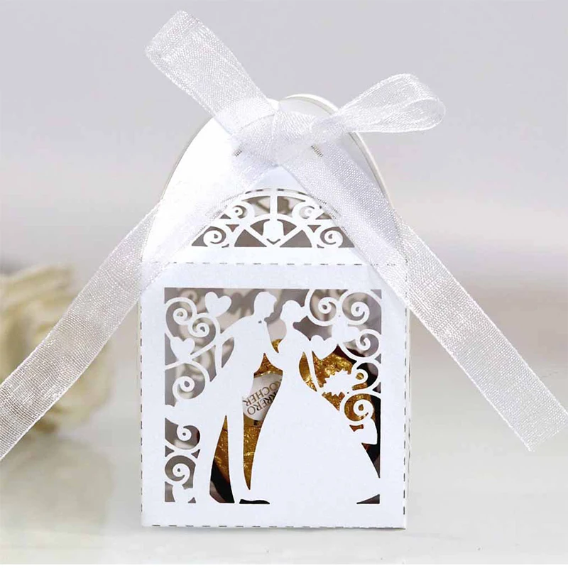 

10pcs Wedding Bow Candy Box Laser Hollow Groom Bride Sweets Chocolate Packaging Box Bridal Shower Marriage Party Decorations