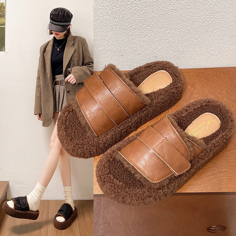 Меховая обувь Домашние тапочки Тапочки на платформе Женские роскошные шлепанцы
