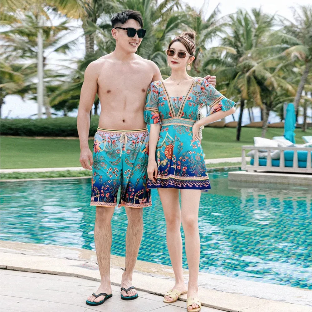 Парный купальник мужские плавательные шорты женский летнее пляжное платье для