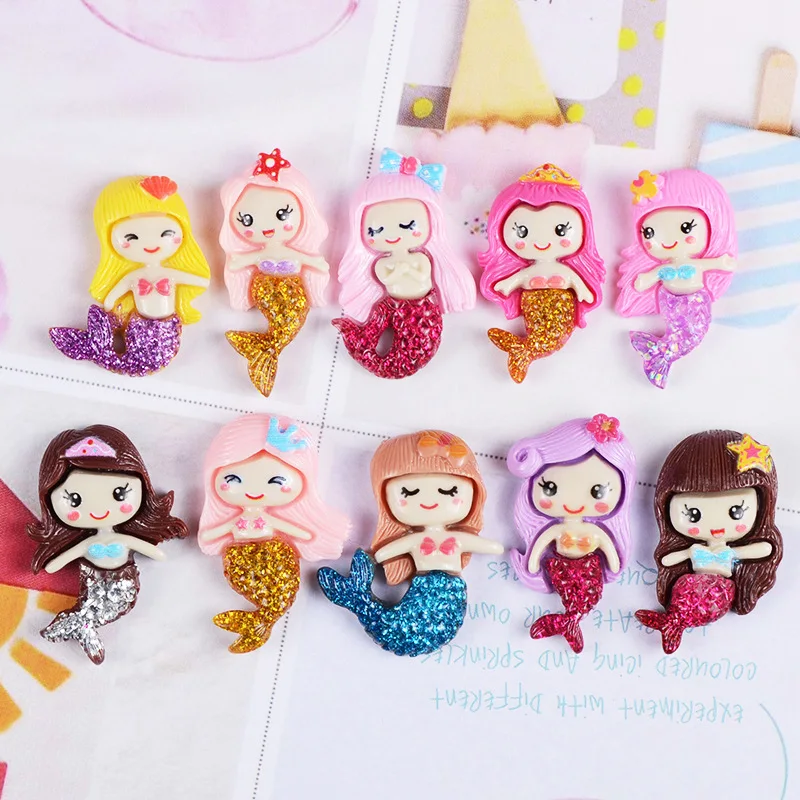

10Pcs Colorful Mermaid Girl Flat Back Resin Cabochons Craft Embellishments Mobile Phone Case Decoration DIY Jewelry Accessorie