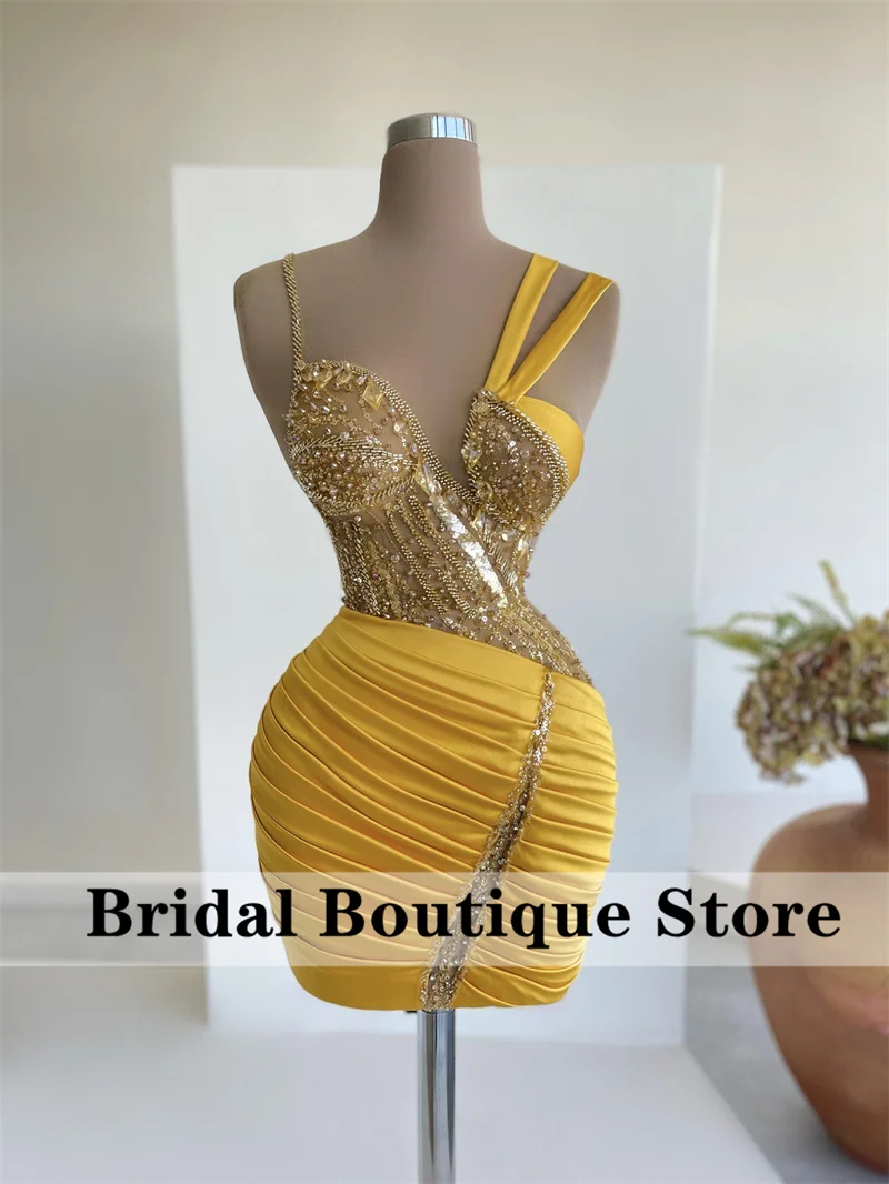 

Sexy Yellow Lace Short Prom Dresses 2022 Beads Rhinestone Sequins Birthday Party Gowns Luxury Celebrity Dress Robe De Bal