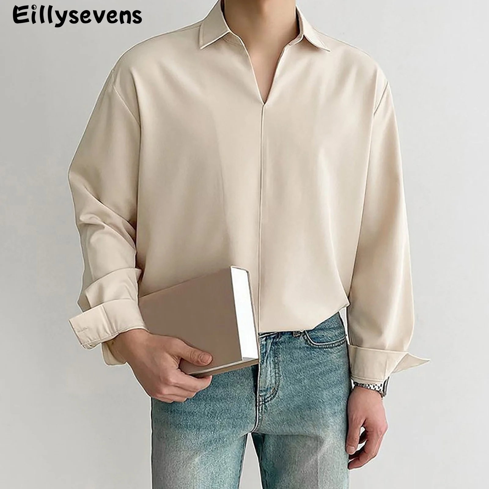 

Fashion Men's Shirts Solid Color Long Sleeve Blouses V-Neck Shirt for Men Casual Loose Oversized Shirt Camisa Masculina