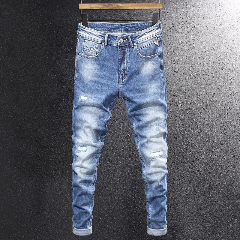 Italian Style Fashion Men Jeans Retro Light Blue Stretch Slim Fit Ripped Jeans Men Vintage Designer Casual Denim Pants Hombre