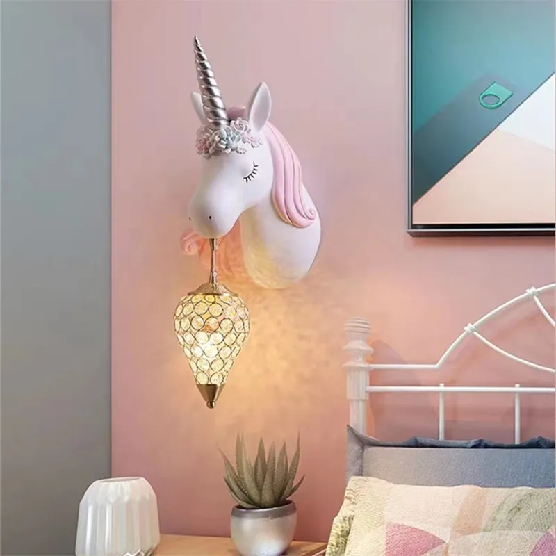 

Nordic animal heads wall Lamp Led Design Resin Unicorn Crystal cute lamp Interior Bedroom Children's Room Home girls room Lights