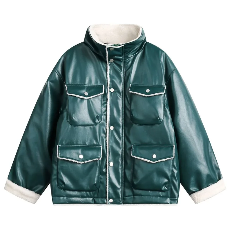 

Парка мужская зимняя из искусственной кожи, утепленная свободная теплая куртка с множеством карманов, воротником-стойкой, флисом ягненка, уличная мода