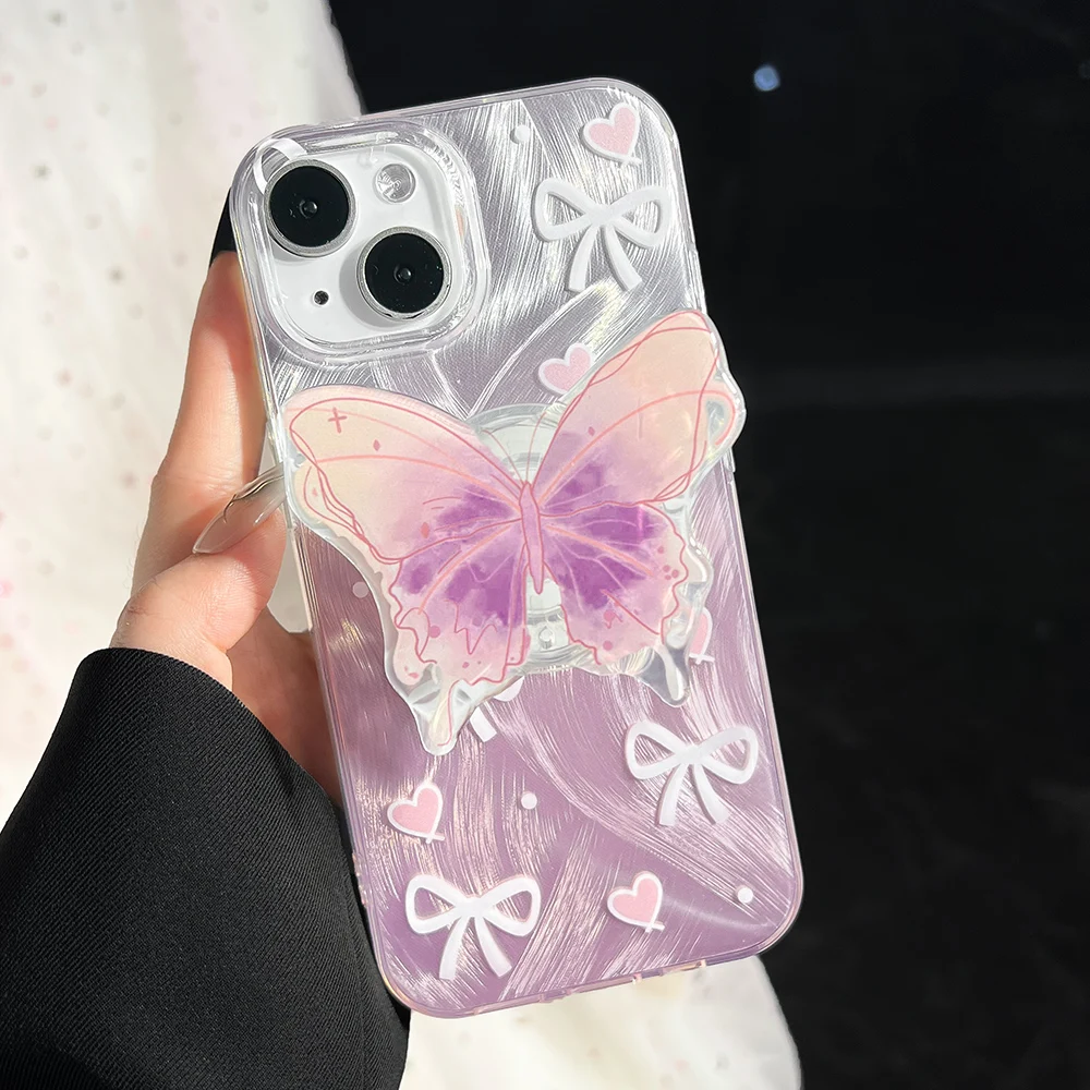 Чехол для телефона с 3D-бабочкой и кронштейном iPhone 16 15 14 12 13 11 Pro Max Plus чехлы лазерным