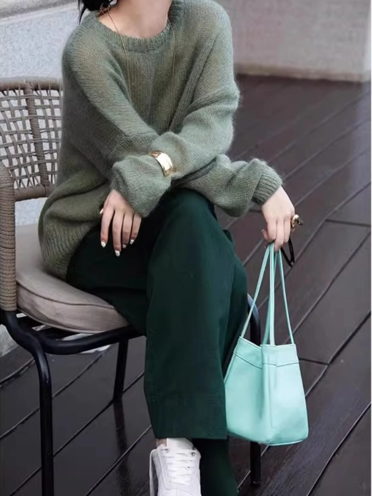 Cameo Green Mohair Long sleeve Knit Women Winter Idle Sle Loose Soft Glutinous Pullover Sweater Atmosphere Top