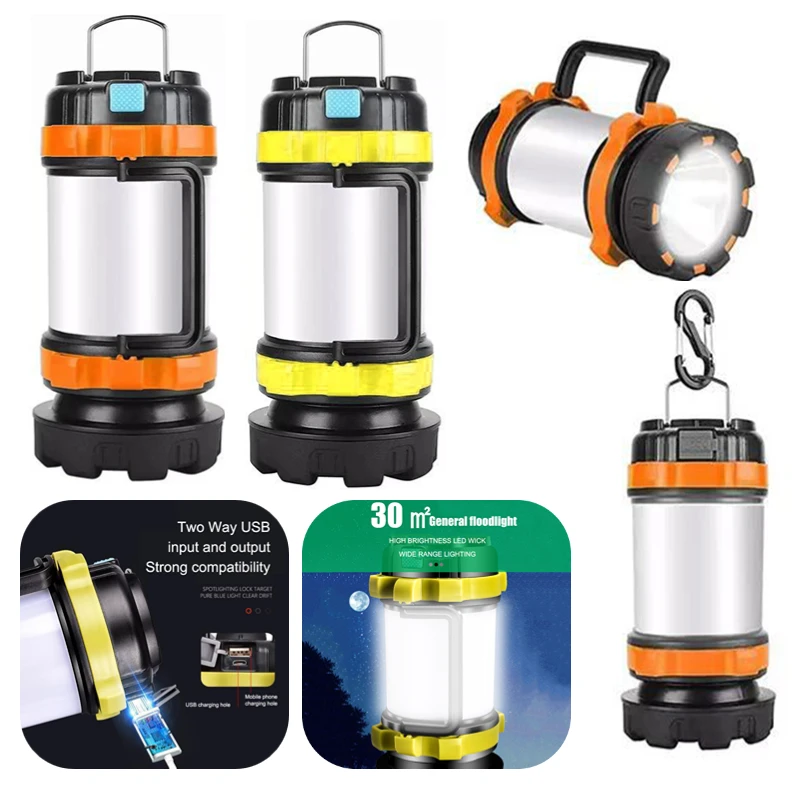 

Перезаряжаемый туристический фонарь, ручной уличный светильник с USB-зарядкой, мощный яркий светильник для палатки, освещение с внешним акку...