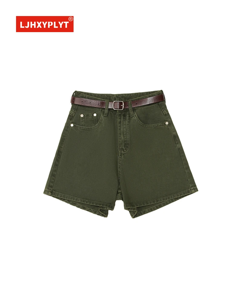 

Retro Green High Waist Curled Thin Denim Shorts Womens Summer Simple Hong Kong Style Loose Wide Leg Plain Straight Pants Female