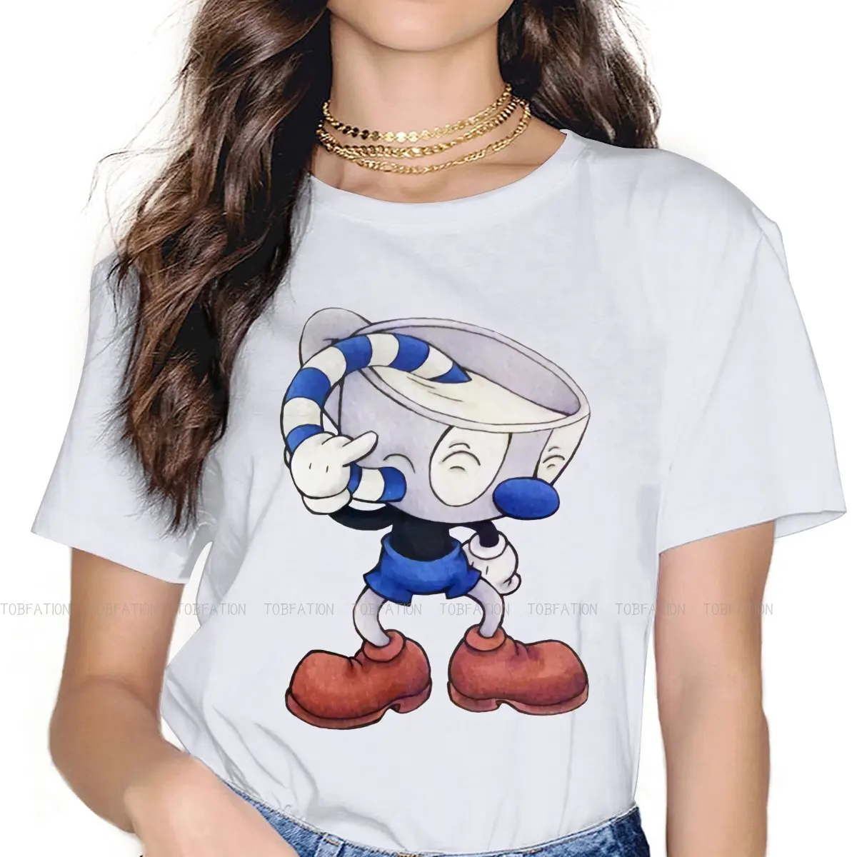 

Getting Ready Women's T Shirt Cuphead Ms Chalice Game Girls Tees Kawaii Cotton Tops Basic Tshirt 4XL Oversized Hipster