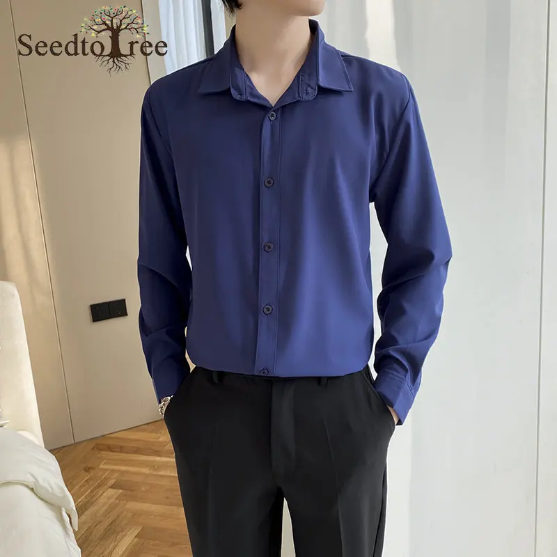 Spring and Autumn Men's Casual Shirts Solid Color Long Sleeve Lapel Single Breasted Shirts