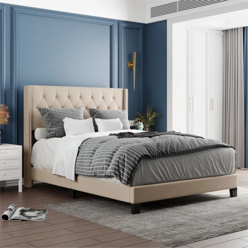 

Beige Linen Fabric Bedroom Furniture Queen Size Beige/Gray Upholstered Platform Bed With Classic Headboard Box Spring Needed