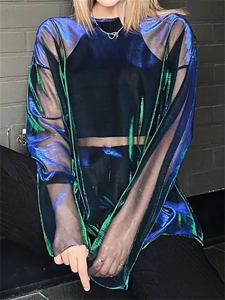 

2023 New Women Sexy Long Sleeve See-Through Mesh T-Shirts Harajuku Vintage Metallic Shimmer Sheer Pullover Top Casual Loose Tops