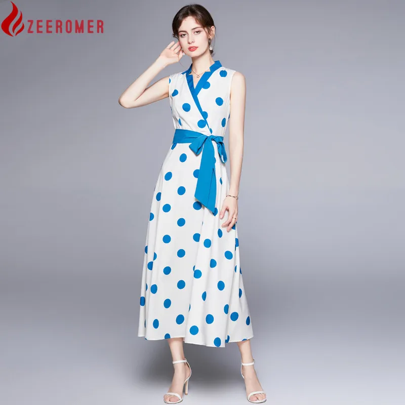 

Женское длинное платье в горошек, голубое повседневное платье без рукавов, с V-образным вырезом и принтом, на шнуровке, вечернее праздвечерн...