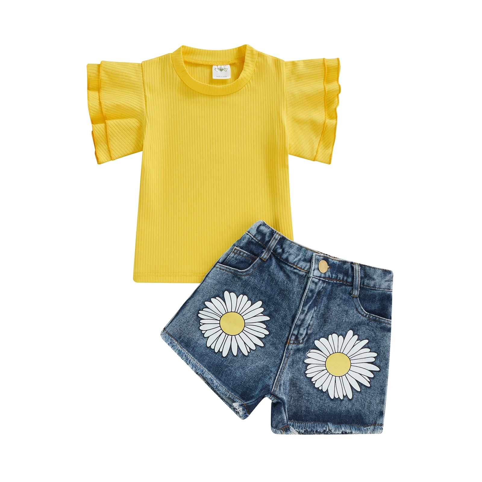 

Infant Kids Baby Girls Two-piece Summer Pants Suit, Yellow Round Neck Ribbed T-shirt and Daisy Print Short Jeans