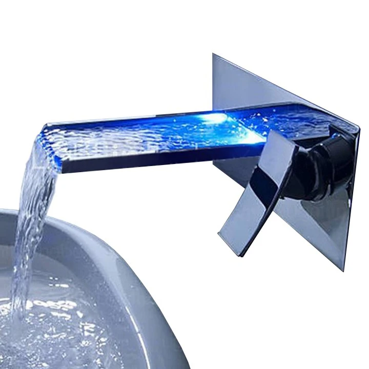 

Modern Design Stainless Steel Temperature Water Taps LED Faucet For Basin Bathroom Restroom Sinks With Mixer Cold Hot Waterfall