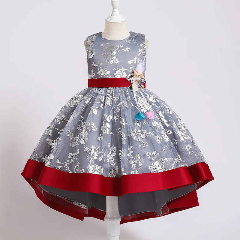 

New Sleeveless Children's Performance Clothes Flower Girl Birthday Party Dress Children Screen Printed Long Tail Princess Dress