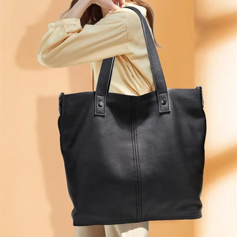 Genuine Leather Women's Tote Bag 2023 New Fashion Cowhide Lady Handbags Soft Leather Large Capacity Shoulder Portable Big Bags
