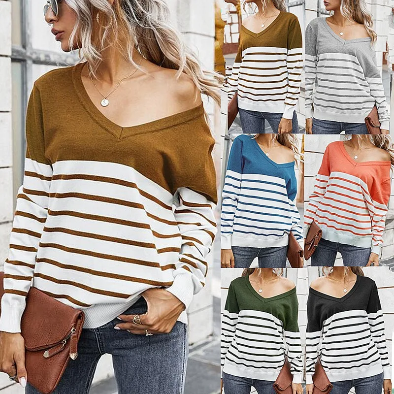 

Женский осенне-зимний вязаный свитер в полоску, с V-образным вырезом