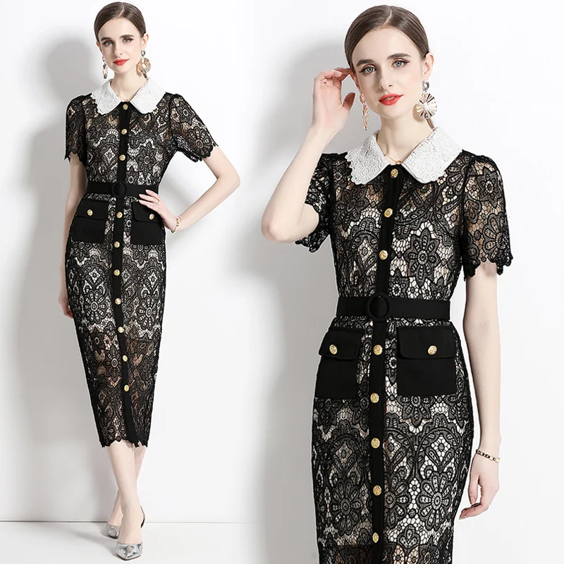2023 Summer New Black Lace Dress Women Short Sleeve Elegant Vintage Long Lady Dress Office Party Vestidos