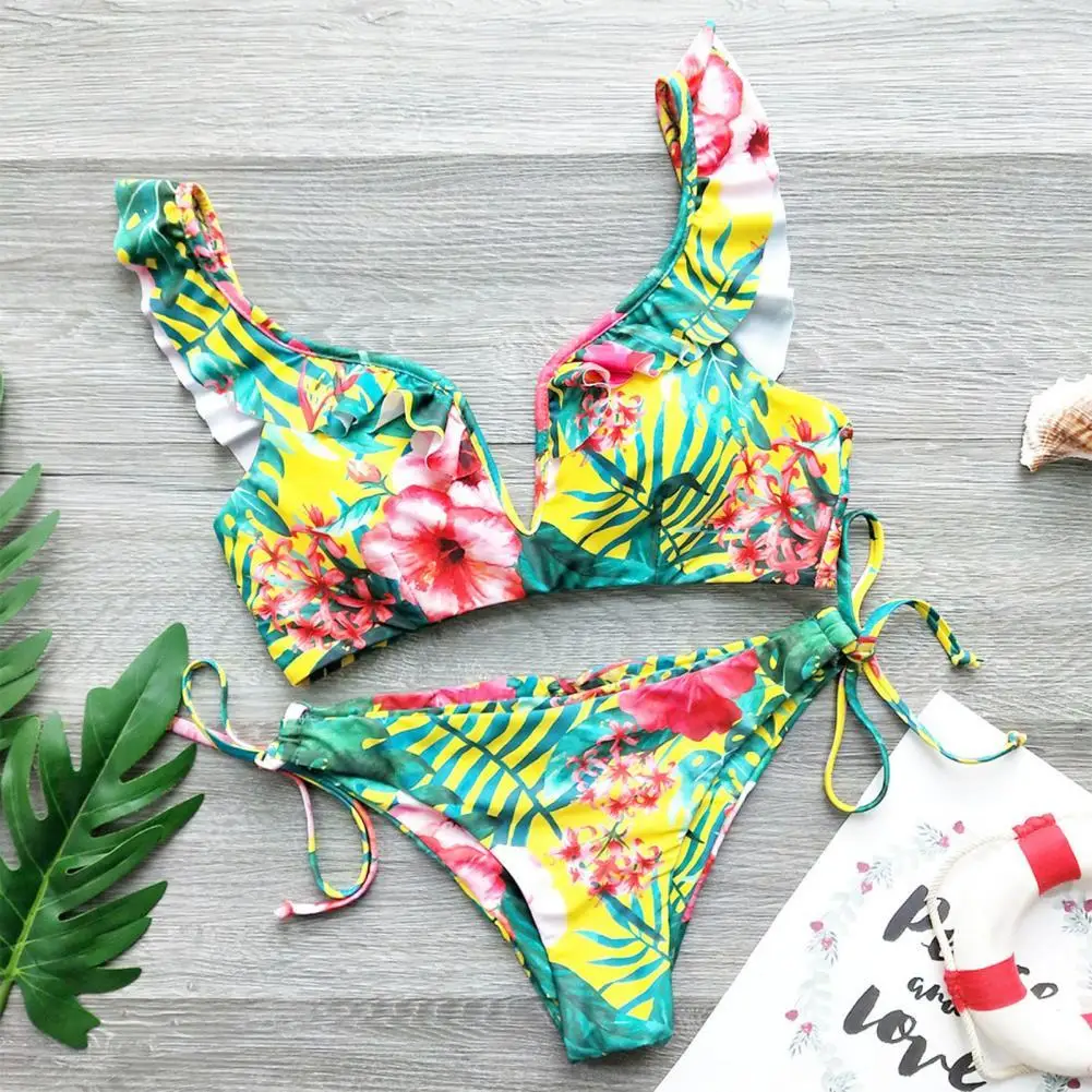 

2 Pcs/Set Stylish V Neck Padded Women Bathing Suit Summer Bikini Set Thong Charming