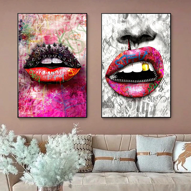

Sexy Lip Painting Street Graffiti Art Canvas Painting Wall Art Poster Mouth Printed Abstract Picture For Living Room Home Decor