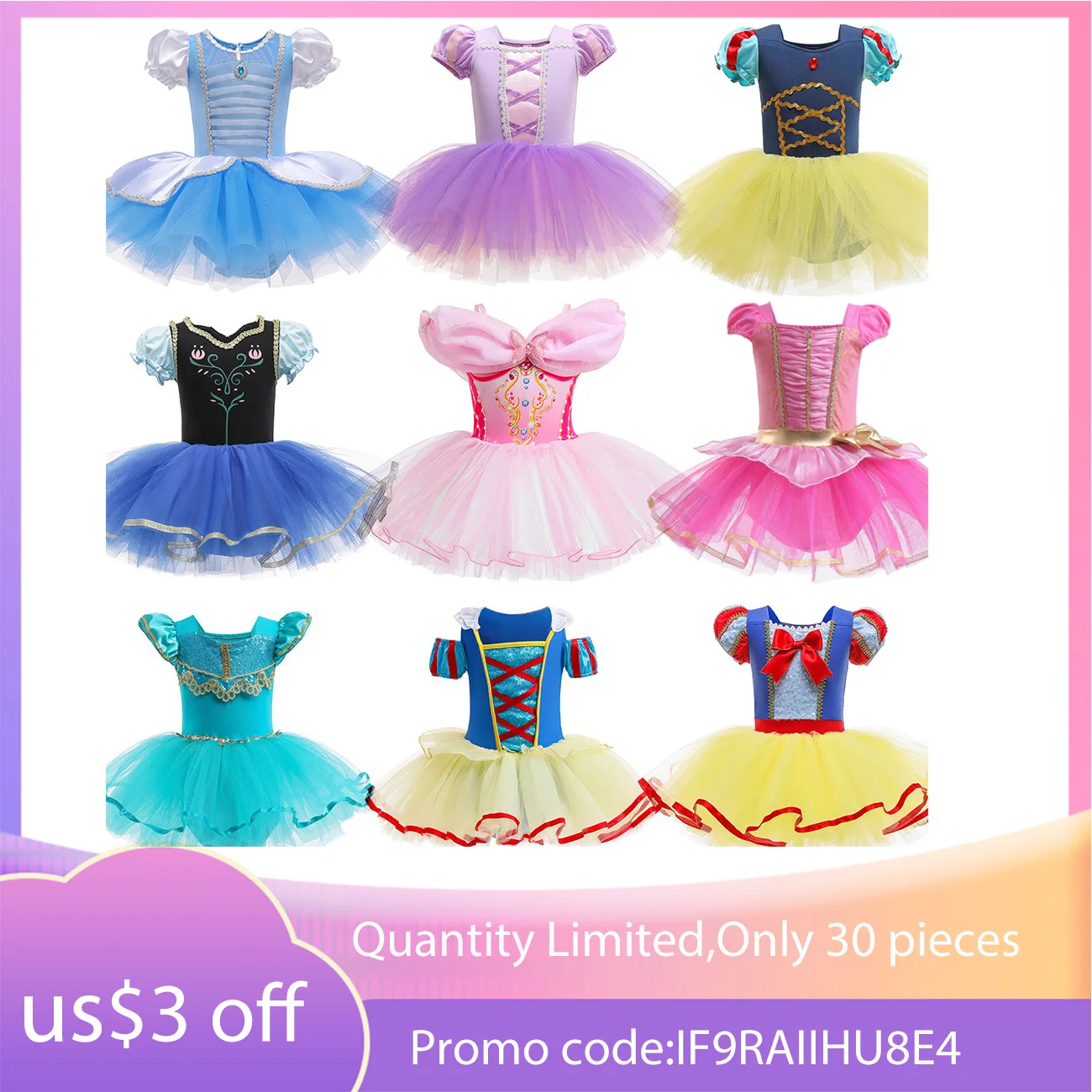 

Disney Baby Girl Ballet Dress Children Snow White Rapunzel Cinderella Elsa Anna Dress Kids Birthday Party Carnival Costume 3-10