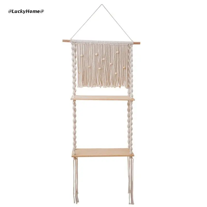 

11UA Boho Macrame Wall Hanging Shelf Tassels Floating Storage Rack Plant Organizer