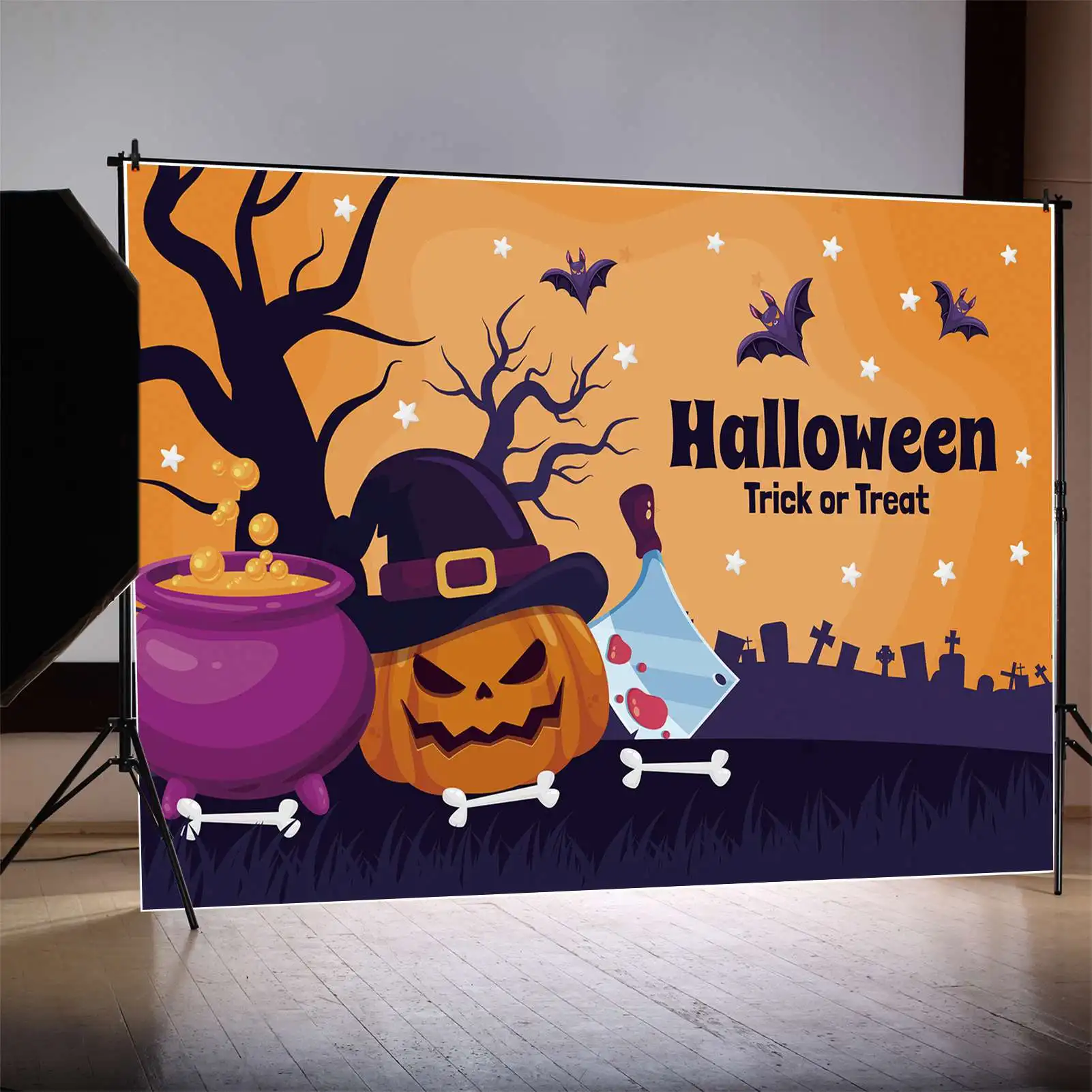 

MOON.QG Фотофон на Хэллоуин с надписью Trick Or Treat Jack O фонарь ядовитый фотографический фон для детей надгробие Чоппер фотобудка