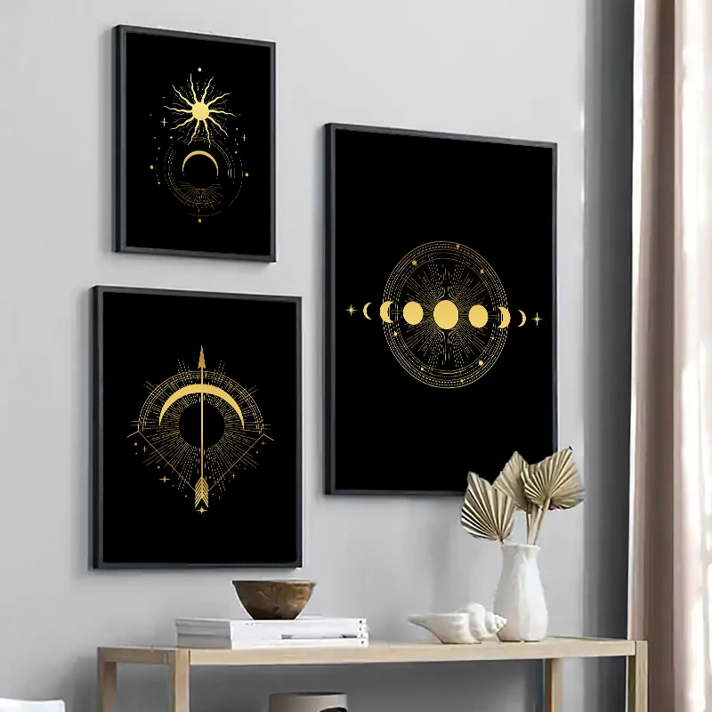 

Black Gold Sun Moon Star Canvas Poster Print Modern Home Decor Abstract Wall Art Painting Nordic Living Room Decoration Picture