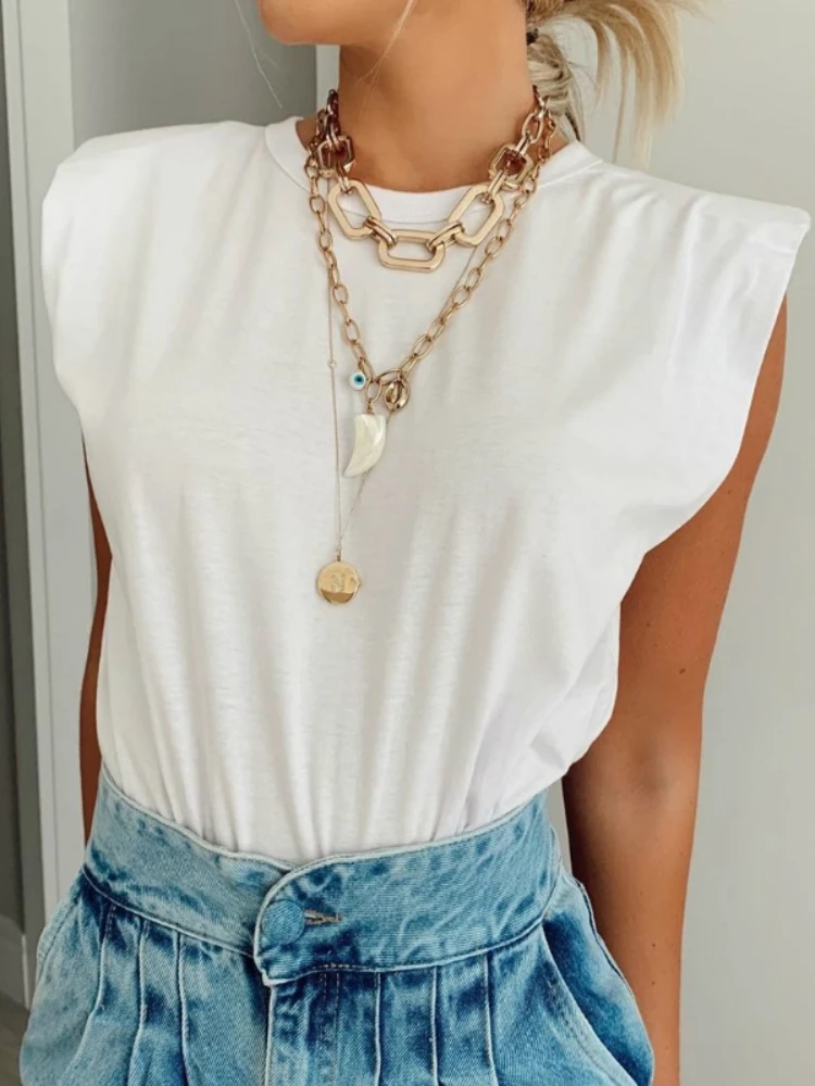 

Summer Hot Sales Casual Shoulder Pad T -shirts Women O Neck Sleeveless T-shirt Loose Ruched Streetwear Female Fashion Clothing