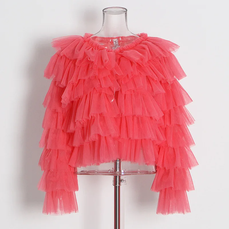 

Korean Summer Luxury Chic Design Ruffled Pleated Ladies Mesh Shirt 2022 New O-Neck Long Sleeve Personality Top Blouses Brand New