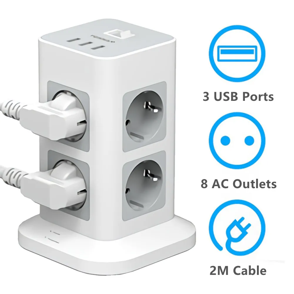 Dikey güç şeridi devre dalgalanma koruması ab tak elektrik USB soket kulesi 8 yönlü DE anahtarı çıkış 2m uzatma kablosu