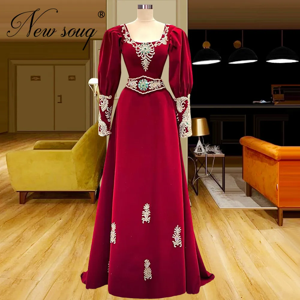

Vintage Muslim Red Celebrity Dresses Moroccan Kaftans Satin Appliques Evening Dresses 2022 Dubai Long Party Night Prom Gowns