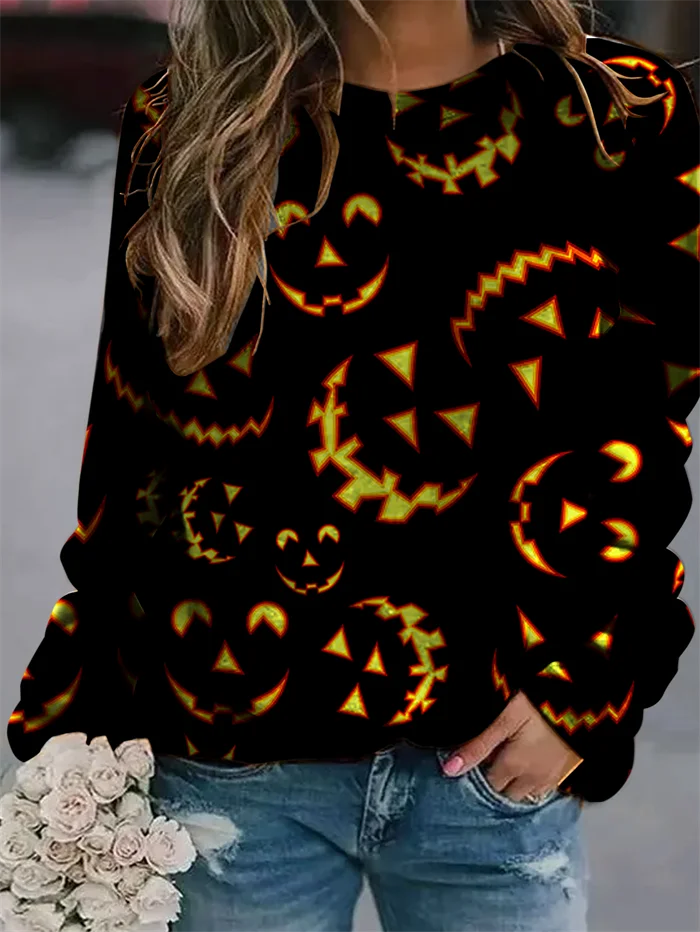 

2022 New Women's Wear European and American Autumn Halloween Funny Series Printed Pullover Raglan Long Sleeve Famle Sweater