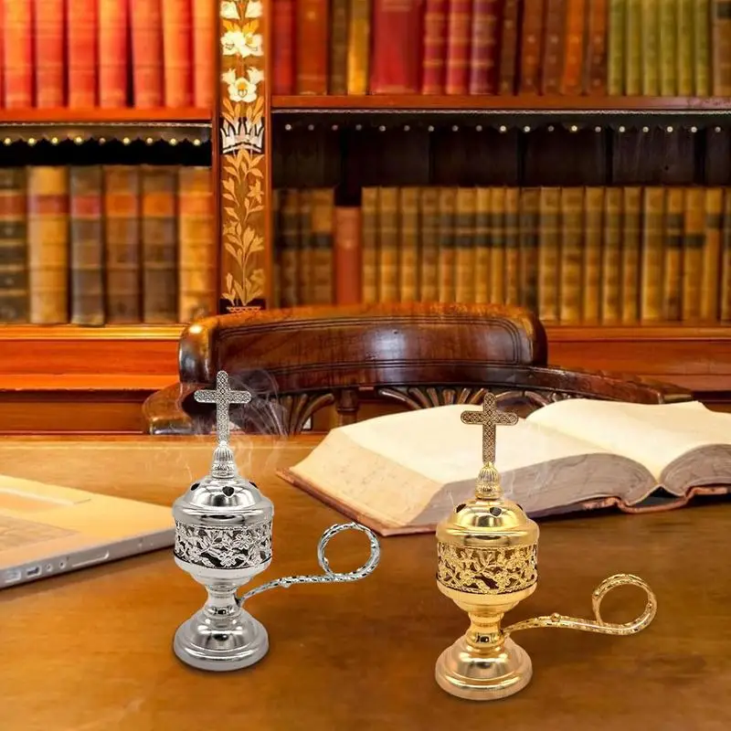 

Metal Incense Burner Cone Holder With Cross Small Brass Plated Bronze Color Catholic Resin Vintage Metal Craft Home Decoration
