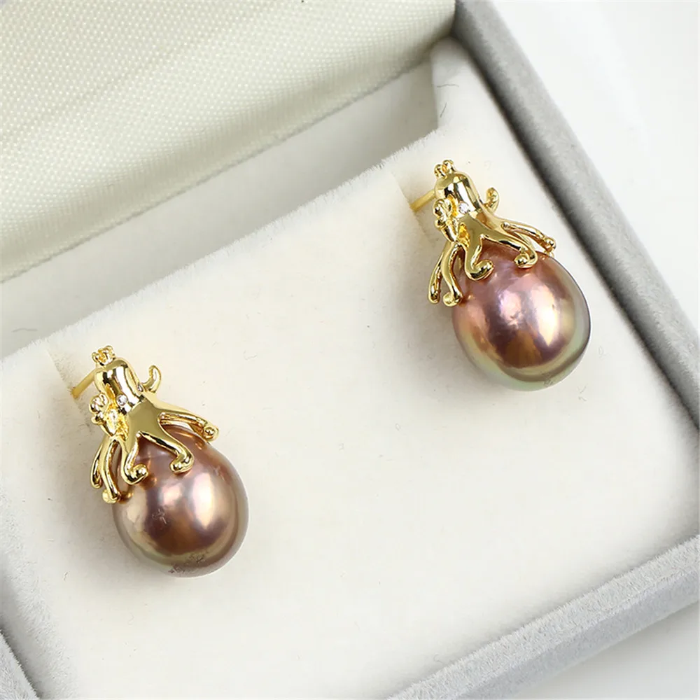 

S925 Silver Needle Sepia Octopus Pearl Earrings with 14K Gold Wrapped Earstuds and Empty Holder DIY Accessories Temperament