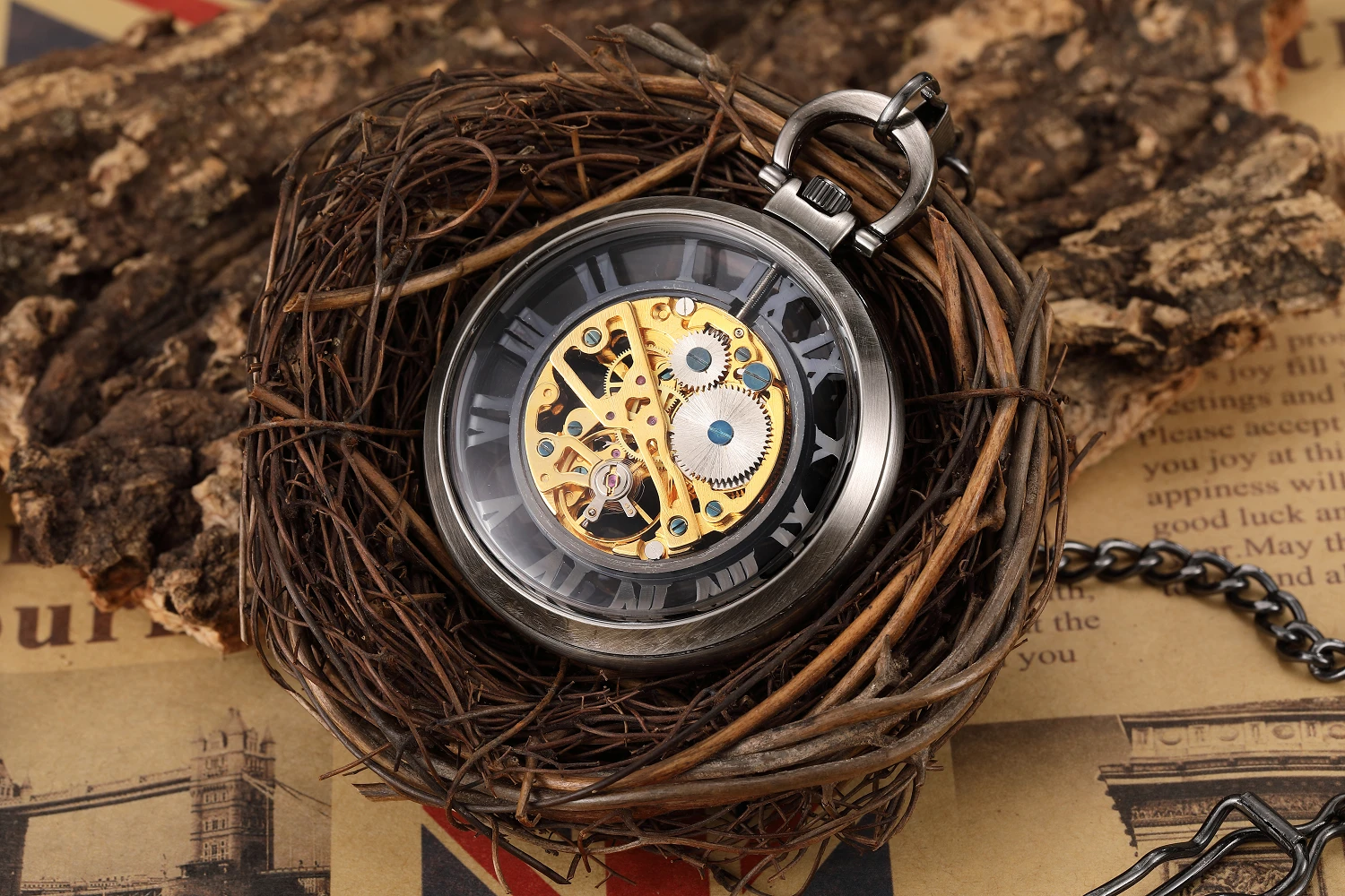Hand-WInd Mechanical Luxury Pocket Watch Hollow Steampunk Men Watches Roman Numerals Clock With Fob Chain With Box Reloj Hombre