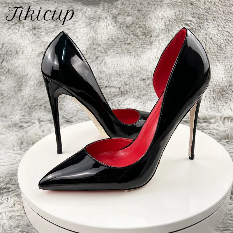 

Tikicup Red Inside Women Side Open Pointy Toe High Heel Shoes Glossy Black Elegant Dress Slip On Stiletto Pumps Colors Customize