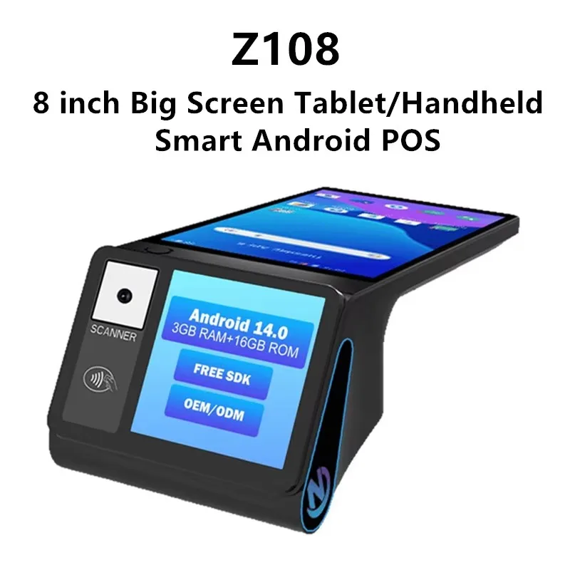 Фото POS-терминал Z108 на Android 14 с двумя экранами, кассовый аппарат для точек продаж, компактный билетный терминал с NFC-сканером и термопринтером 58/80 мм №1